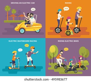 Family with kids concept flat icons set of driving an electric car, riding bikes with children, and electric skateboard racing - Powered by Shutterstock