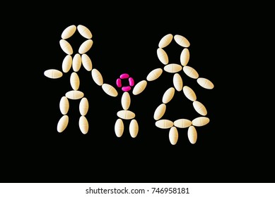 Family and kids health care. Pediatric and medical insurance concept. Stick figures made from pills. - Powered by Shutterstock