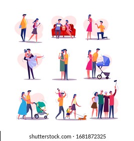 Family Life Cycle Set. Man And Woman Dating, Couple Getting Married, Having Baby, Walking With Children, Getting Old. People Concept. Illustration Posters, Presentation Slides, Web Design