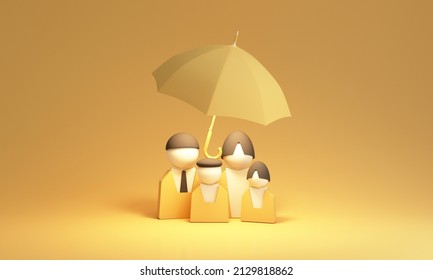 Family Life And Property Insurance Concept. Catoon Figurines Representing Family And Umbrella, Symbol Of Insurance. 3d Rendering Yellow Tone