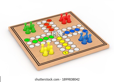 Family Ludo Desk Wooden Board Game On A White Background. 3d Rendering 