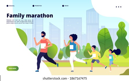 Family Marathon. Dad, Mom And Kids Running Together In Summer City Park. Healthy Lifestyle, Children Jogging Training Concept