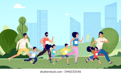 Family marathon. People jogging, woman kids sport lifestyle. Parents and children healthy outdoors exercises. Running competition in park. Health day illustration - Powered by Shutterstock