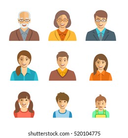 Family Members Happy Faces Flat Avatars. People Generation Simple Icons. Mother, Father And Adult, Teen And Little Kids. Caucasian Portraits. Young, Senior Men And Women, Boys, Girls And Baby