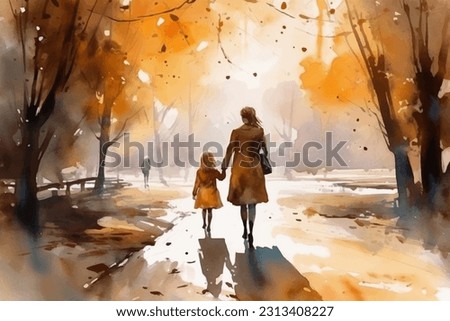 Family, mother and daughter walking in an autumn park. the picture is painted with watercolors.