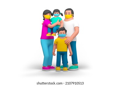 Family On Covid Quarantine With Baby People Standing Holding Hands Isolated On White Background 3D Rendering Illustration. Mother Father Daughter Son With Toys In Facial Masks Characters.