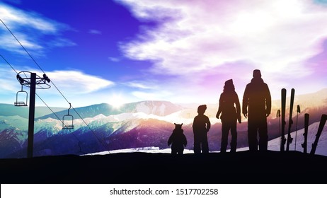 Family On A Ski Slope At Sunset.