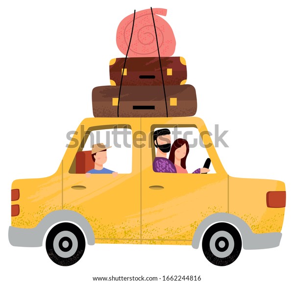 Family on vacation\
raster, isolated car with passengers father driving automobile with\
mat and bag on top, mother and kid sitting in auto travelling.\
Happy family car\
travel