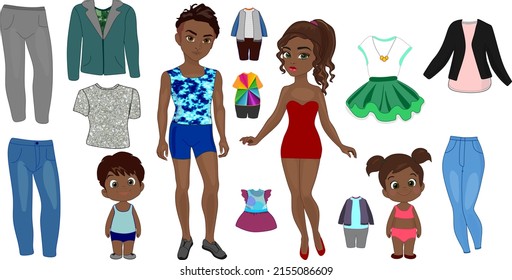 Family Paper Doll With Clothes. Dad, Mom, Kids.