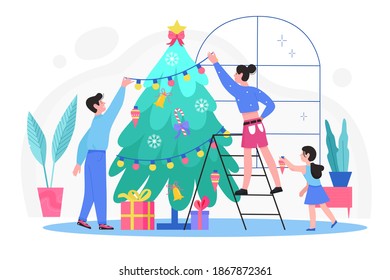 Family people decorate Christmas tree illustration. Cartoon flat mother, father and daughter decorating Christmas fir tree with balls and garland in home living room interior isolated on white - Powered by Shutterstock