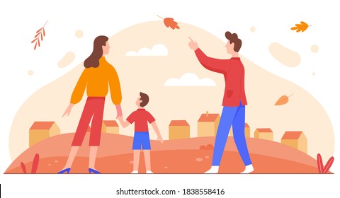 Family people enjoying city autumn illustration. Cartoon flat parents and kid characters spend time together, enjoy autumnal cityscape with falling leaves, happy parenthood isolated on white - Powered by Shutterstock