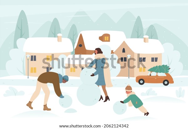 Family\
people making snowman in Christmas winter holiday illustration.\
Cartoon happy father mother and kid boy play together in snowy city\
park, make Xmas snowman with snow balls\
background