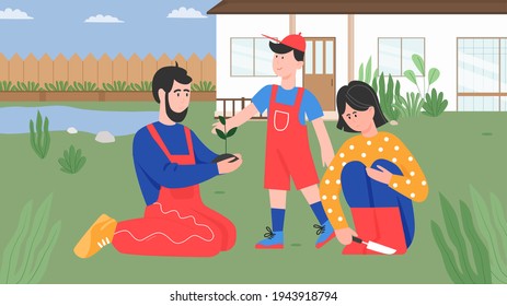 Family people planting, cartoon father, mother and child boy gardeners plant tree in house garden - Powered by Shutterstock