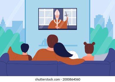 Family People Watch Church Religion Tv News Illustration. Cartoon Flat Mother Father And Children Characters Watching Religious Sermon Television Channel, Sitting On Sofa Together Background