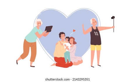 Family photo. Grandparents making image with phone and tablet, young parents and kid. Diverse generation concept - Powered by Shutterstock