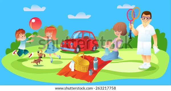 Family picnic. Dad plays badminton, Mamas got\
food and watching an infant brother and sister playing ball with\
the dog on the lawn of the car is\
worth