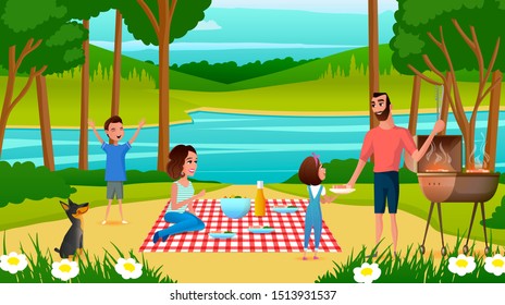 Family Picnic in Park or River Bank Cartoon Illustration with Happy Family Members Resting Outdoors, Father Cooking barbeque, Wife Sitting on Plaid, Children Playing Around. Weekend Leisure
