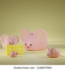 Family Of Pink Cute Little Rats Family Walking Towards The Yellow Cheese To Eat As Food Designed With A 3D Blender Program.