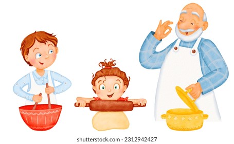 The family is preparing dinner or lunch. funny boy and grandpa in aprons. A small child kneads the dough, a teenager stirs. The brothers are having fun. Friends laugh happily. Watercolor digital set - Powered by Shutterstock