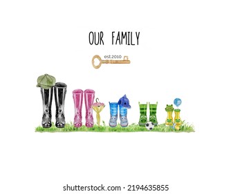 Family Print Concept With Watercolor Wellies Boots. Colorful Rain Boots Collection. Rubber Boots Autumn Fall Concept. Decoration Family Card On White Background.