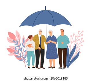 Family Protection. Elderly Parents And Children Stay Under Big Umbrella. Health And Life Protect, Medical Insurance Concept