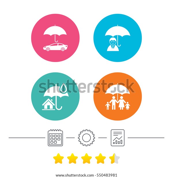 Family, Real estate or Home
insurance icons. Life insurance and umbrella symbols. Car
protection sign. Calendar, cogwheel and report linear icons. Star
vote ranking. 