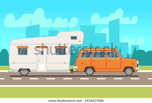 Family rv camping trailer on road. Country\
traveling and outdoor vacation concept. Transport for journey,\
motorhome truck for travel\
illustration