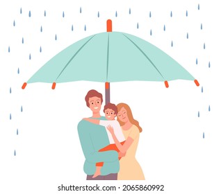 Family In Safe. Parents With Child Under Big Umbrella. Health Protection, Safety Or Kind Atmosphere Concept