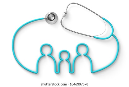 Family shaped stethoscope, medical family insurance isolated on white background. 3d render.