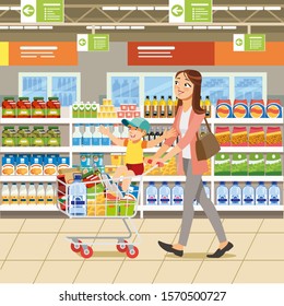 Family Shopping Cartoon Illustration with Woman Riding Boy on Shopping Cart Full of Groceries near Shelves with Food Products in Supermarket. Mother with Child Making Purchases in Grocery Store - Powered by Shutterstock