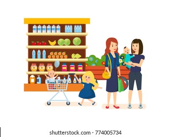 Family shopping in supermarket. Girl with a basket full of products is walking through the mall, next girl keeps in the hands of a child, other girl keeps in the hands of the bag. - Powered by Shutterstock