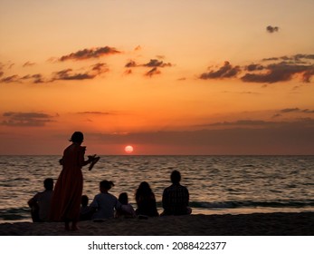 Family In Silhouette On Sandy Beach On A Barrier Island In Southwest Florida Watching The Sun Set Over The Gulf Of Mexico. Digital Oil-painting Effect, 3D Rendering.