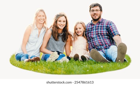 Family sitting on grass, smiling. Parents with two daughters. Outdoor family portrait, casual and happy. Relaxed family enjoying time together on grass. European family sitting on green grass. - Powered by Shutterstock