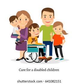 Family With Special Needs Children, Family With Handicapped Children. Illustration