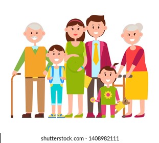 Family standing together people of all ages parents and children teddy bear toy schoolchild bagpack raster illustration isolated on white - Shutterstock ID 1408982111