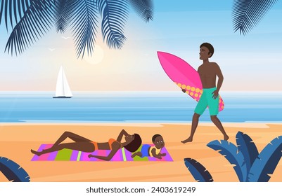 Family summer tourism, travel vacation on tropical beach landscape illustration. Cartoon young tourist mother in bikini and baby rest, surfer father walking with surfboard background - Powered by Shutterstock