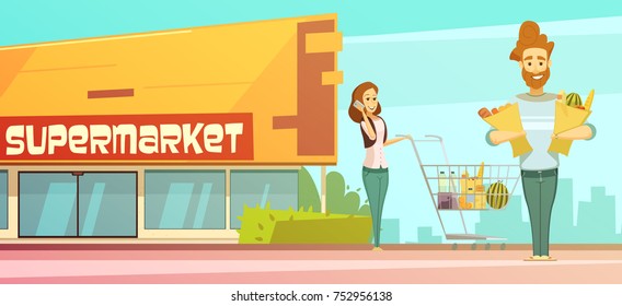 Family supermarket grocery shopping retro cartoon poster with store building street view and customers  outdoor  illustration  - Powered by Shutterstock