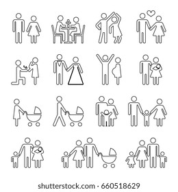 Family thin line icons set in black and white. Collection of linear family situation illustration