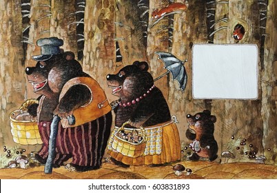 A Family Of Three Bears Is Walking Through The Forest, A Children's Illustration, A Watercolor