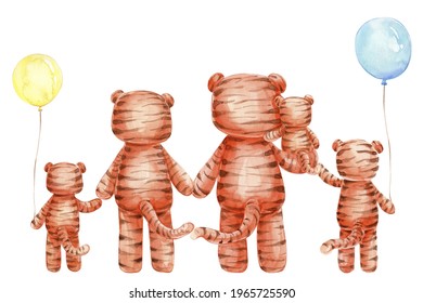 Family tigers; watercolor hand drawn illustration; can be used for baby shower kid poster; and white isolated background