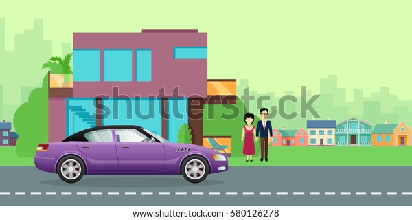 Family transport banner. Family couple standing\
near modern house and sedan flat illustrations. Buying new car for\
family needs. Personal transport. For car dealer, shop landing page\
design.