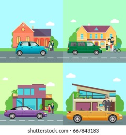 Family transport. Collection of four automobile icons. Small blue automobile, green minivan and violet car with shifted roof on road near houses and families. Cool yellow cabriolet near man