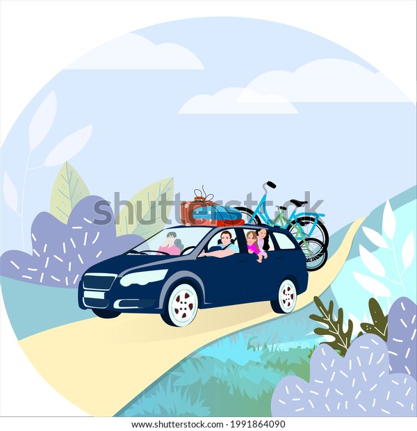 Family travel by car with bike. Family road trip\
on car. Family couple with kids on vacation. illustration. Active\
summer trip with\
family