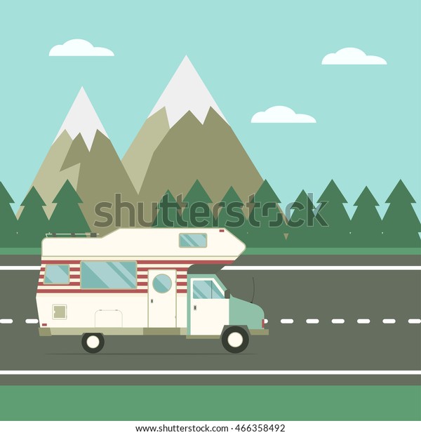 Family traveler truck driving on the mountain\
highway road. Auto traveling adventure background. RV caravan on\
countryside landscape\
poster.