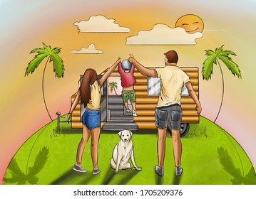 Family Of Travelers, Around The World,mom, Dad, Baby, Dog,  Australia