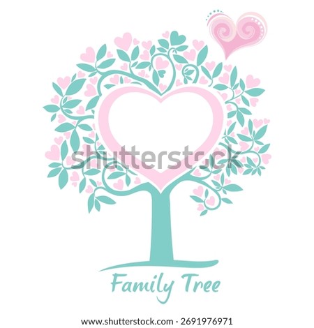Family tree - frames empty for your input. Love tree. Heart tree with red heart leaf  isolated on white background.   Illustration