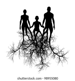 Family With Tree Roots. It Is Isolated On A White Background.
