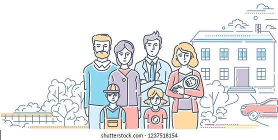 Family Values - Colorful Line Design Style Illustration On White Background. High Quality Composition With A Young Couple Standing With Three Small Children And Parents, Nice House, Car, Trees