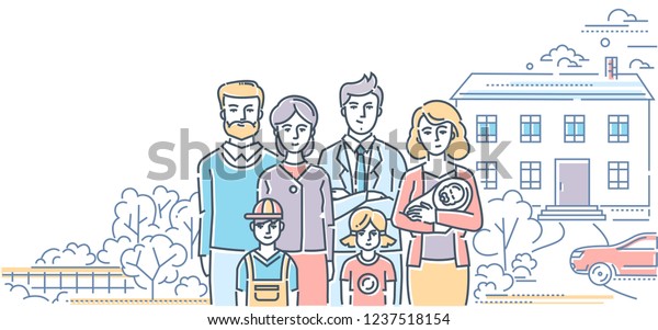 Family values - colorful line design style\
illustration on white background. High quality composition with a\
young couple standing with three small children and parents, nice\
house, car, trees