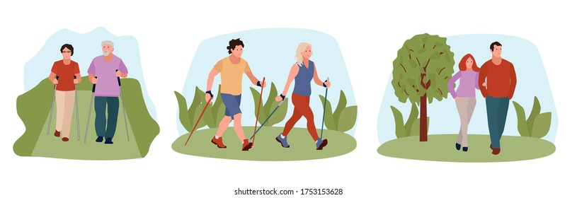 Family Walks In The Fresh Air.A Healthy Way Of Life. Nordic Walking, Walking The Dog, And Romantic In The Fresh Air With The Family.